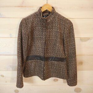 Spenser Jeremy Women's S Tweed Jacket Full-zip Leather Trim Brown Zip Pockets